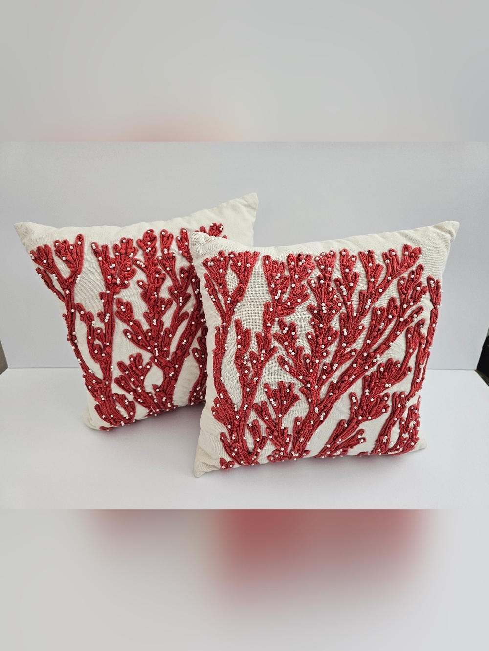Pottery Barn Red Coral Throw Pillows Set Of 2 Costal Embroideres Red Accent
